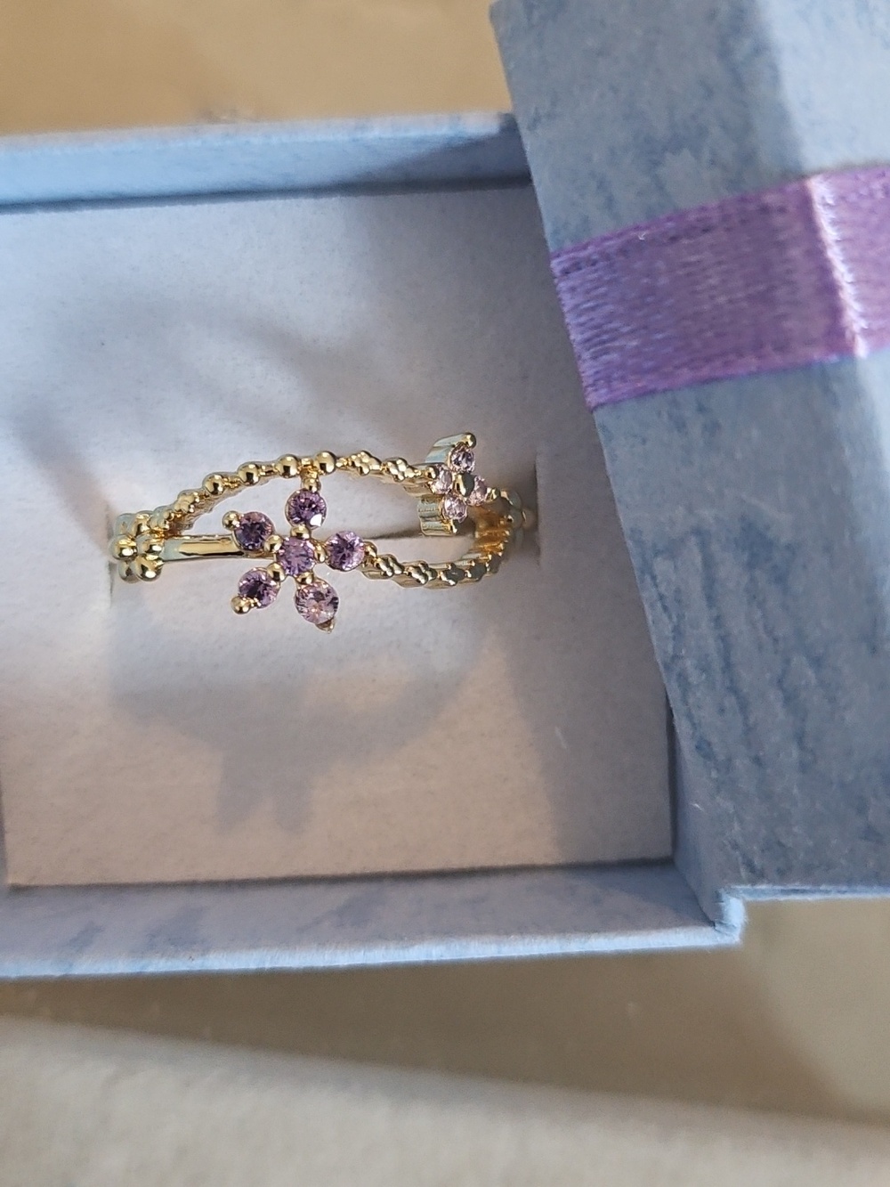 Delicate Gold-Plated Free Size Ring with Purple Stones